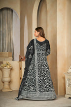 Jyoti Fashion Women's Black Net Embroidered Anarkali Kurta Pant Set With Dupatta | Grocsy