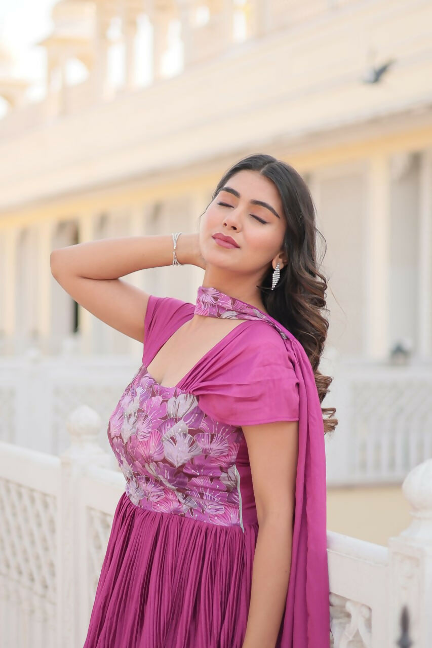 Vastranavya Position Print with Fancy Balloon Sleeves Chinnon Crush Pleating Gown with Dupatta - Pink | Grocsy
