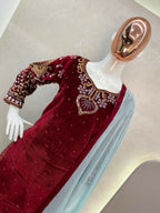 Vastranavya Maroon Viscose Velvet Cording Sequence Embroidery Work Suit With Dupatta | Grocsy
