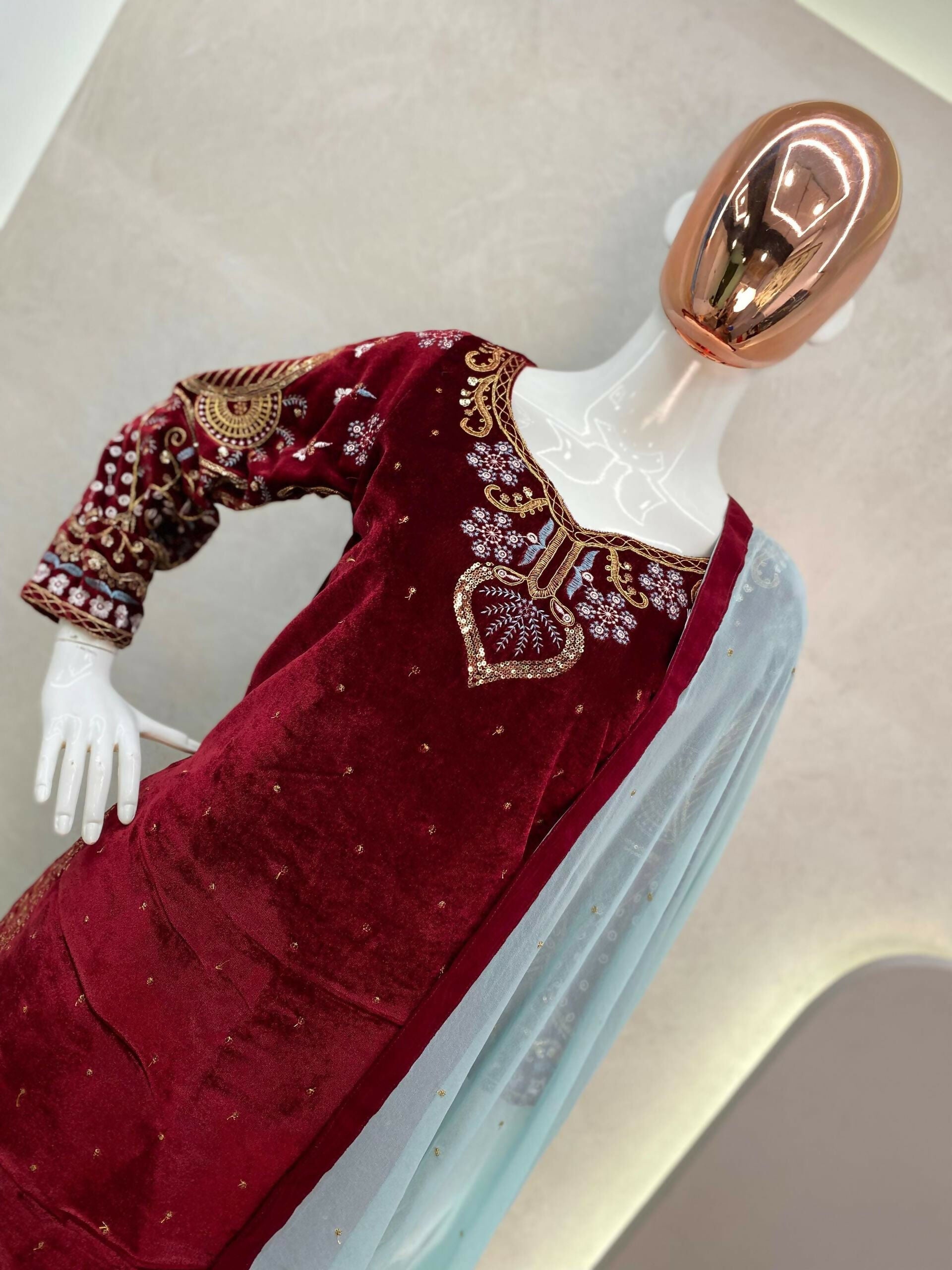 Vastranavya Maroon Viscose Velvet Cording Sequence Embroidery Work Suit With Dupatta | Grocsy