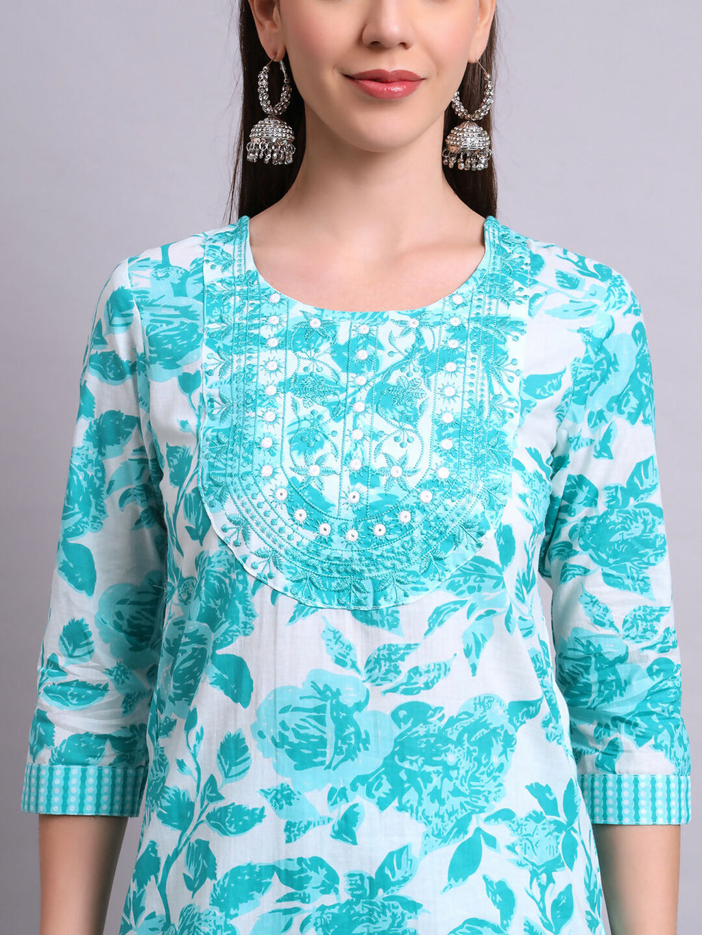 Joban Fashion Green Cotton Floral Printed & Embroidery Work Kurta With Trousers & Dupatta Set | Grocsy