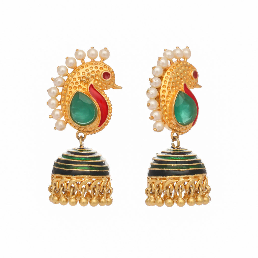 Nuyug 22K Gold Plated Pearls Studded Contemporary Shaped Enamel Jhumkas | Grocsy