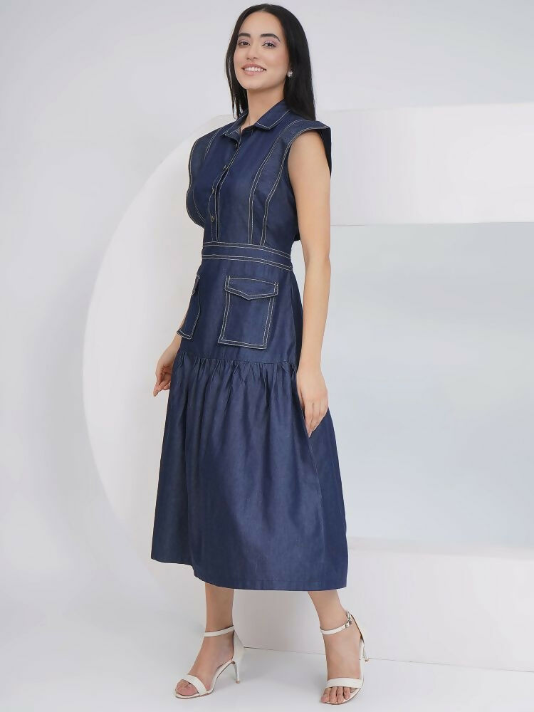 Joban Fashion Blue Denim Midi Dress | Grocsy