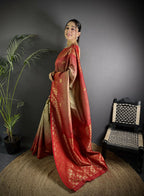 Joban Fashion Beige Handloom Silk Ikkat Saree | Grocsy