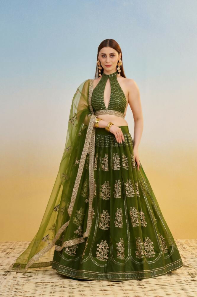 Aastha Fashion Mehandi Green Butterfly Net Tone To Tone Cotton Thread Work And Sequence Work Embroidery Wedding Wear Lehenga Choli | Grocsy