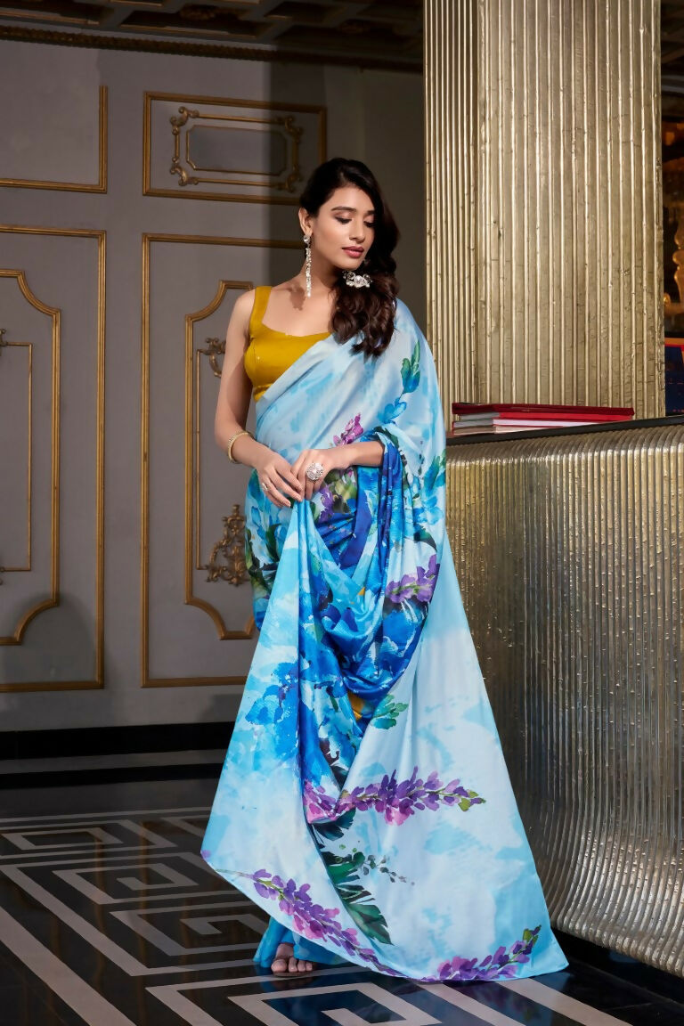 Vastranavya Sea Blue Satin Silk Printed Saree with Hotfix Work Unstitched Blouse | Grocsy