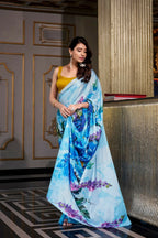 Vastranavya Sea Blue Satin Silk Printed Saree with Hotfix Work Unstitched Blouse | Grocsy
