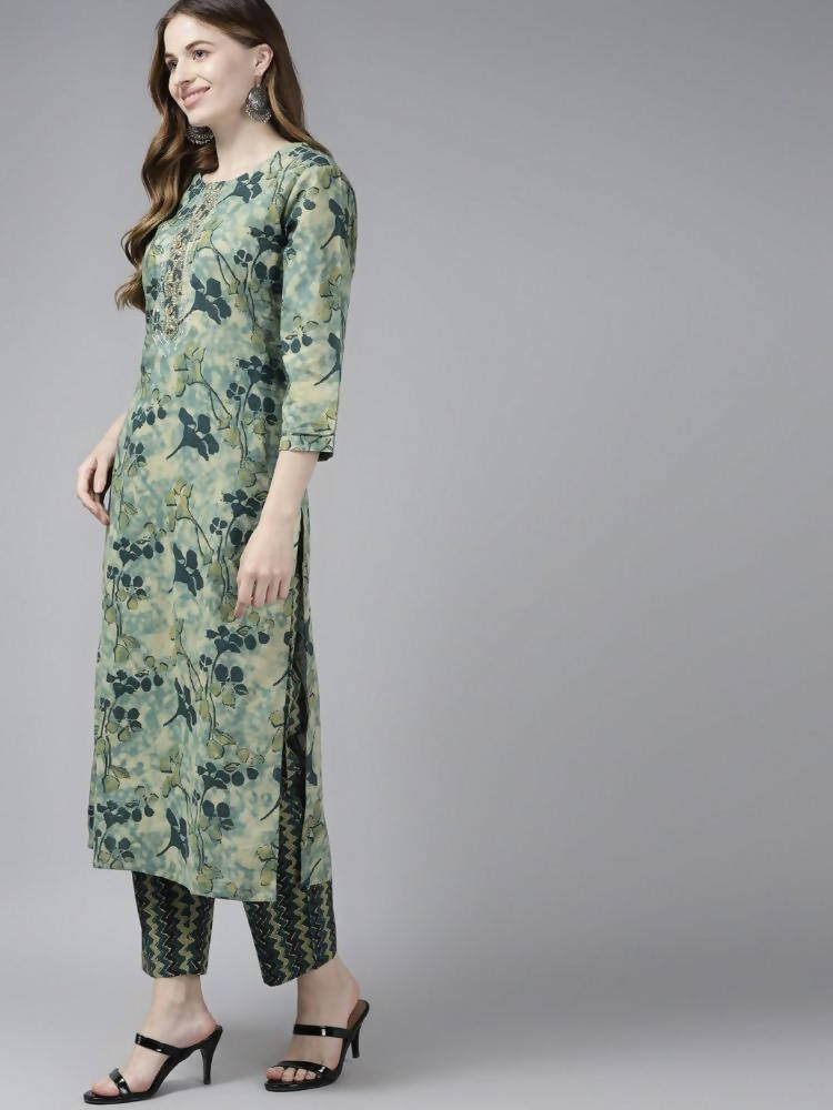 Yufta Women Teal and Beige Floral Dyed Pure Cotton Kurta with Palazzo and Dupatta | Grocsy
