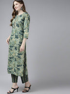 Yufta Women Teal and Beige Floral Dyed Pure Cotton Kurta with Palazzo and Dupatta | Grocsy