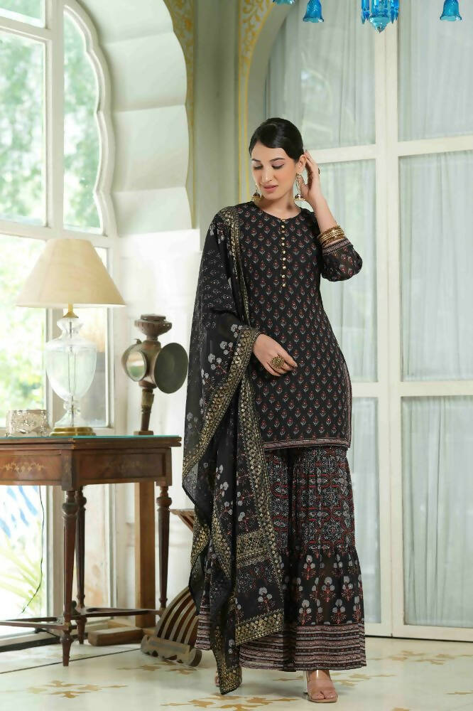 Juniper Black Georgette Festive Floral Print Straight Tunic-Sharara For Women | Grocsy