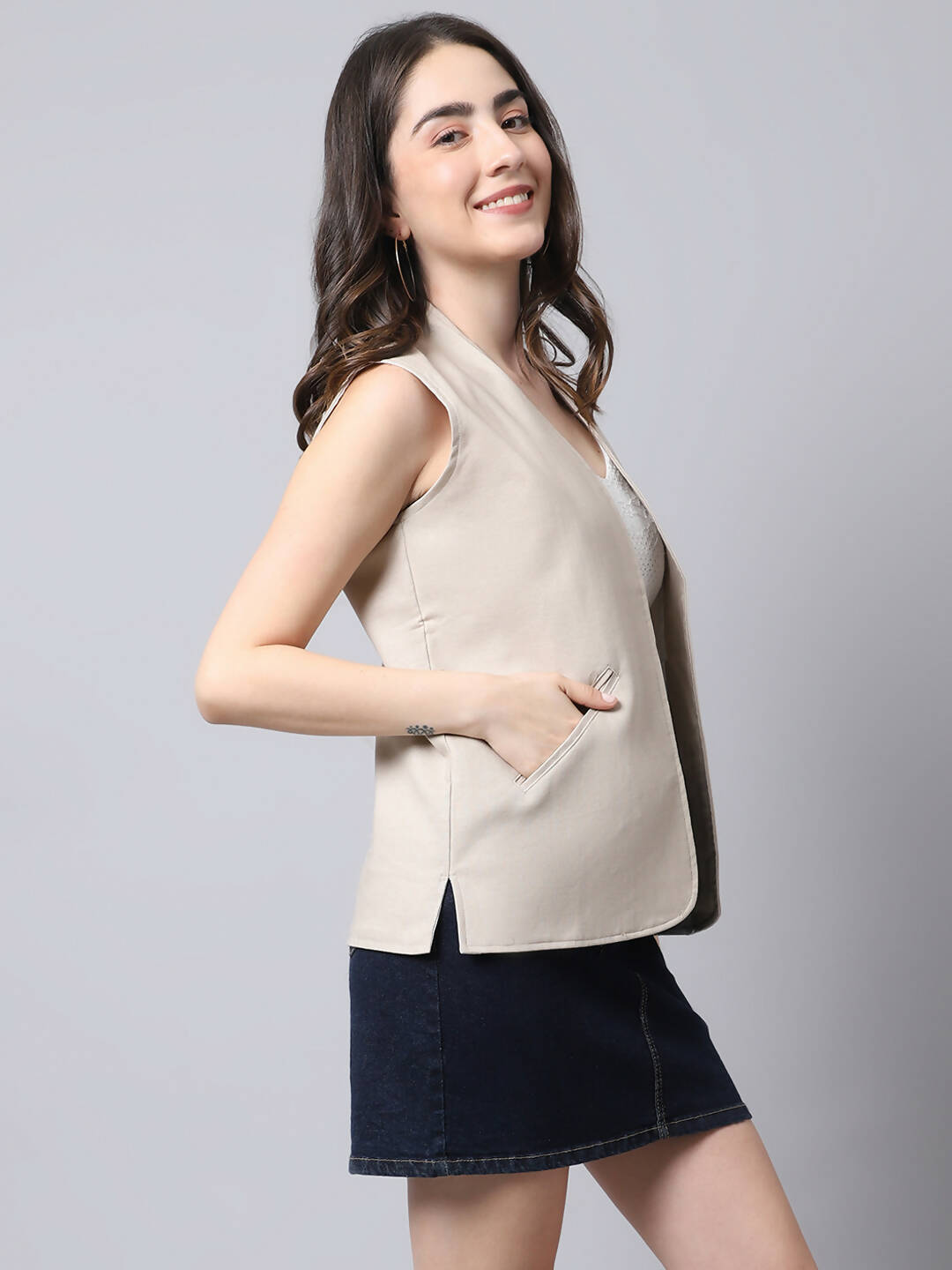 Even Apparels Cream Linen Cotton Open Front Women's Waistcoat | Grocsy