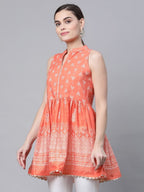 Ahalyaa Women Orange Pure Cotton Porcian Print Tunic | Grocsy