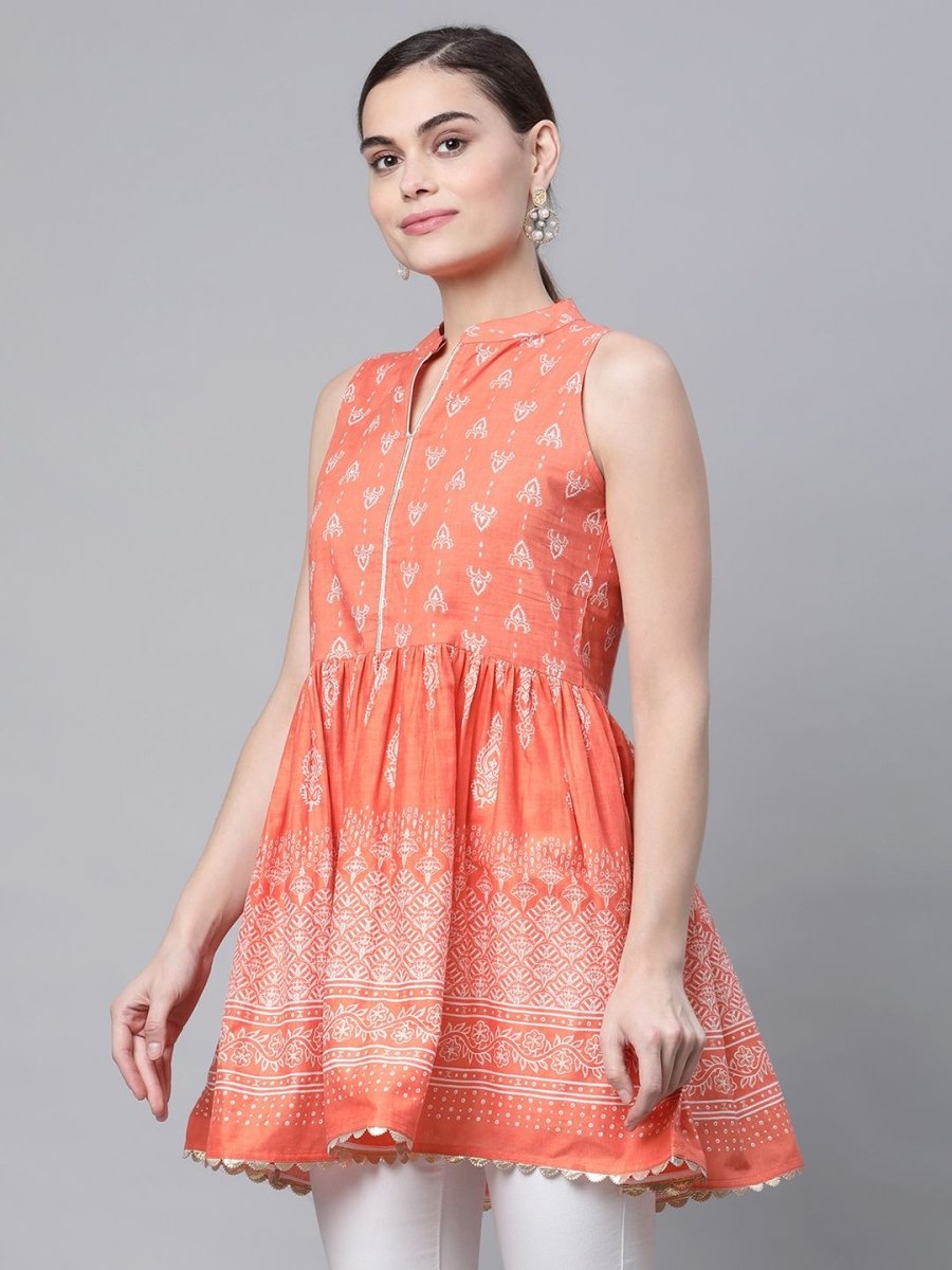 Ahalyaa Women Orange Pure Cotton Porcian Print Tunic | Grocsy