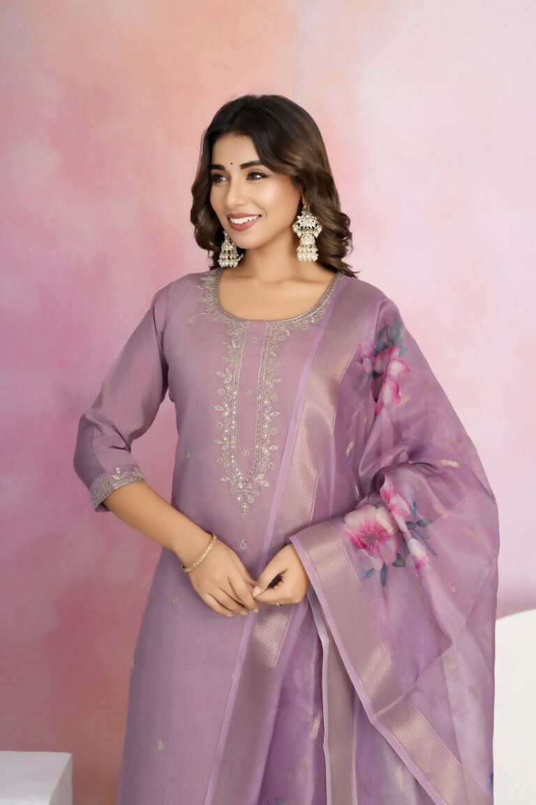 Ethnic Festive Wear Viscose Chanderi Purple Stitched Suit With Dupatta - Tanisha | Grocsy