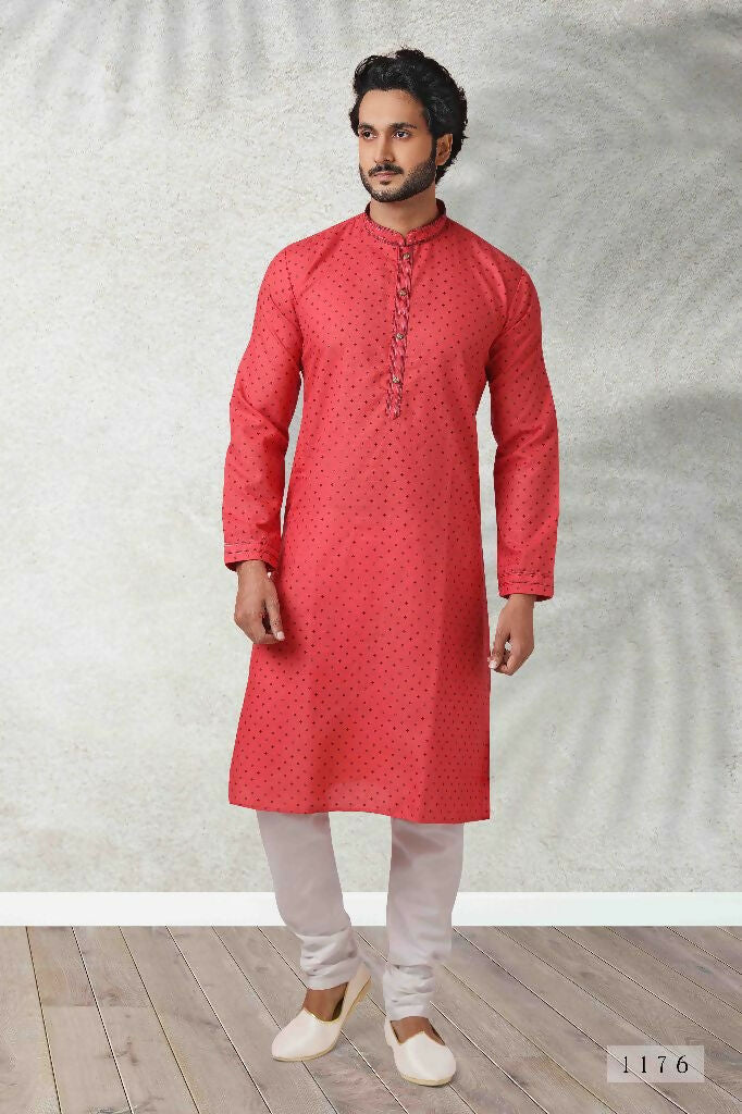 Raivat Ethnic Cotton Printed Work Kurta Pajama In Pink Colour | Grocsy