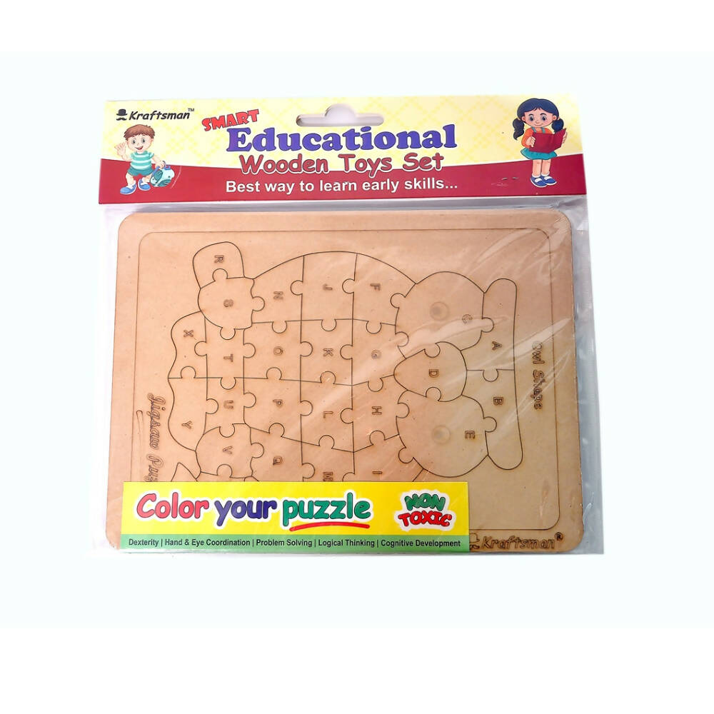 Kraftsman English Alphabets Wooden Jigsaw Puzzles Owl Shape Puzzle | Color Kit Included | Grocsy