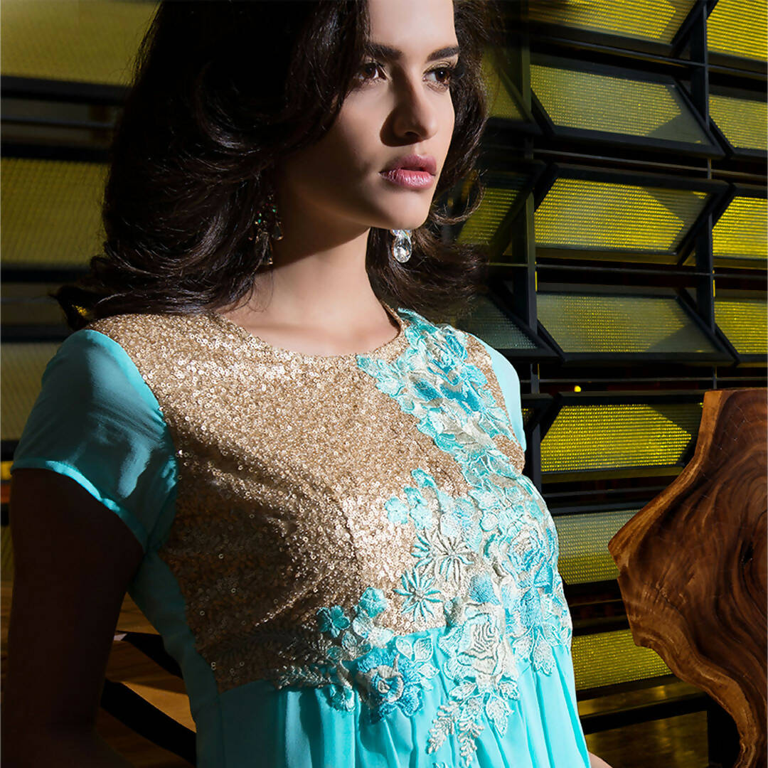 Light Blue Georgette Floral Embroidered A-line Kurti - Missy | Grocsy
