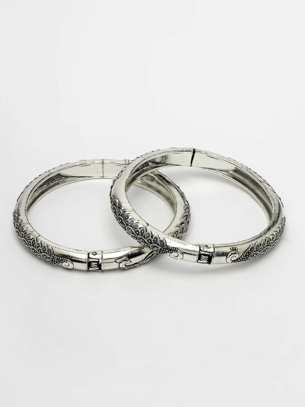 NVR Women's Set of 2 Silver-Toned German Silver Peacock Design Oxidised Kada Bangle