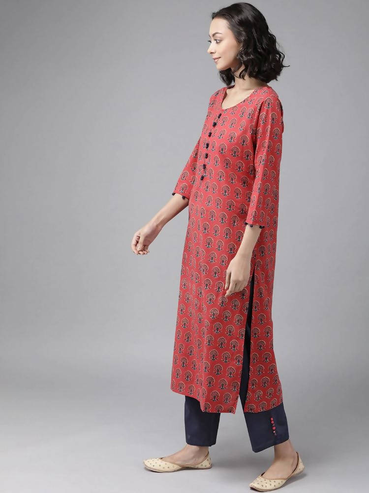 Yufta Women Red Pure Cotton Handblock Print Kurta with Trouser & Dupatta | Grocsy