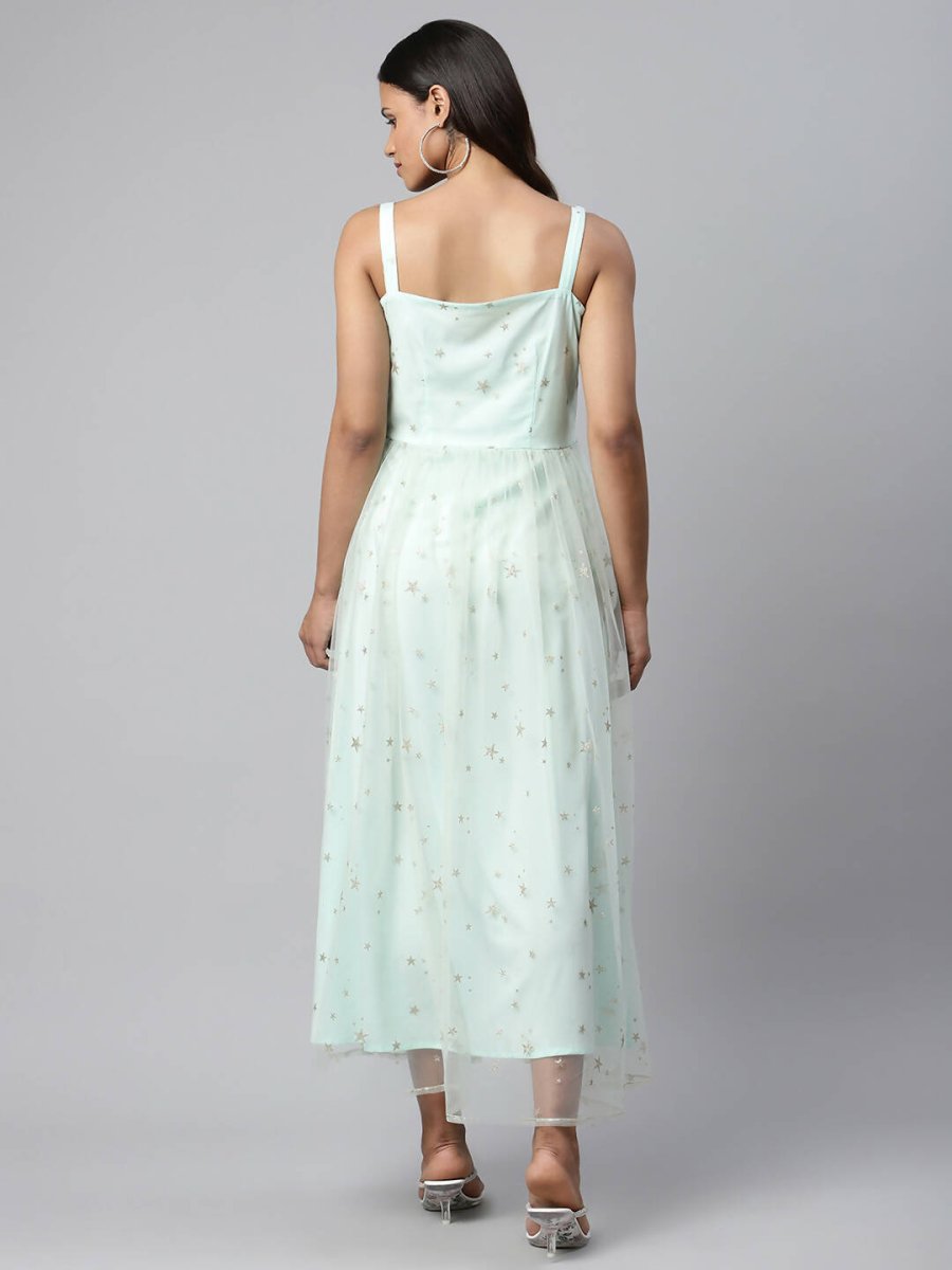 Ahalyaa Women Summer Blue Net Glitter Printed Dress | Grocsy