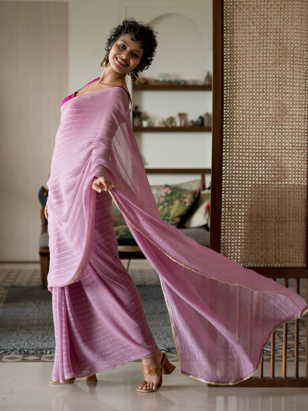 Suta Pink Striped Cotton Blend Saree | Grocsy