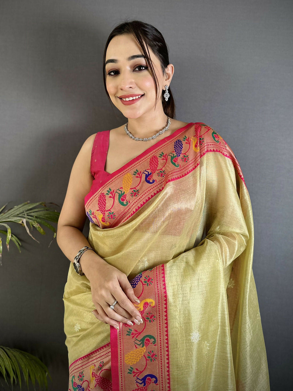 Joban Fashion Golden Beige Zari Weaving Tissue Paithani Saree | Grocsy
