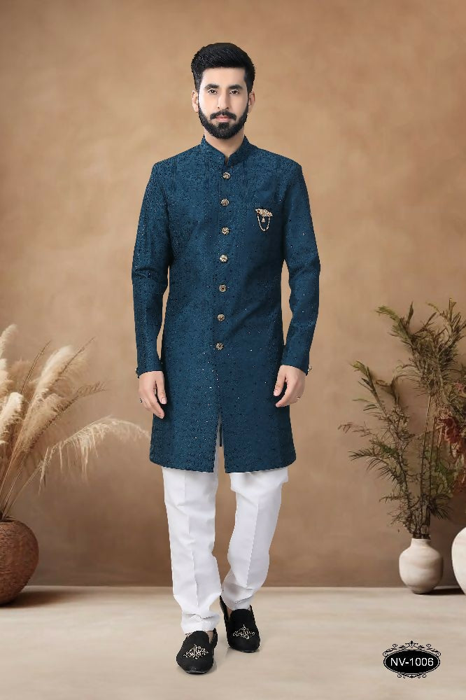 Joban Fashion Men's Blue Straight Silk Heavy Thread & Sequence Embroidery All Over Indo-Western Kurta Set | Grocsy