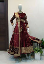 Vastranavya Wine Viscose Velvet Sequence Embroidery Work Gown Dupatta With Belt | Grocsy