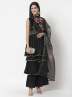 Myshka Women Black Rayon Solid Sleeveless Round Neck Kurta With Sharara & Dupatta Set | Grocsy