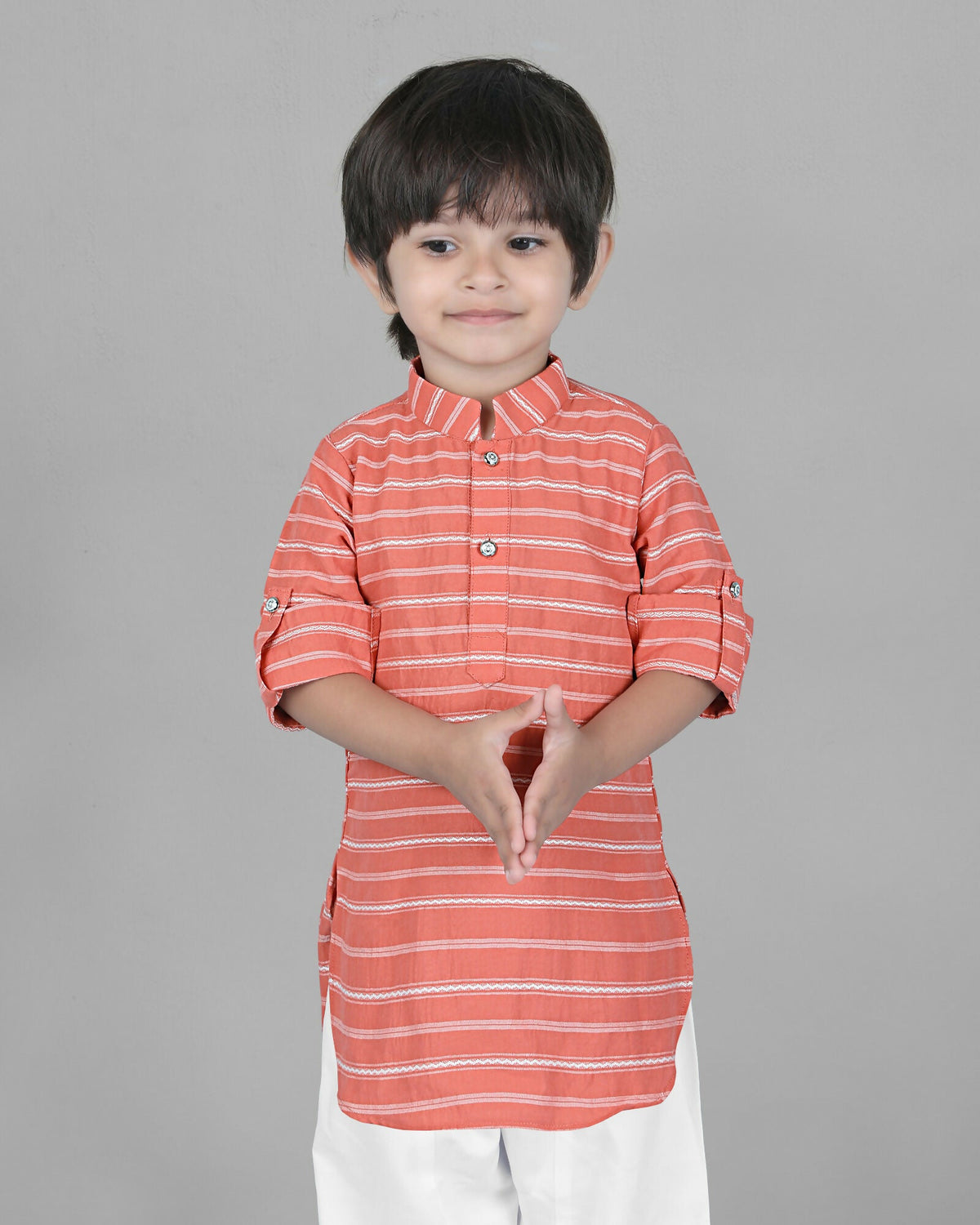 Joban Fashion Kids Island Cotton Full Sleeves Striped Kurta and Pyjama- Peach | Grocsy