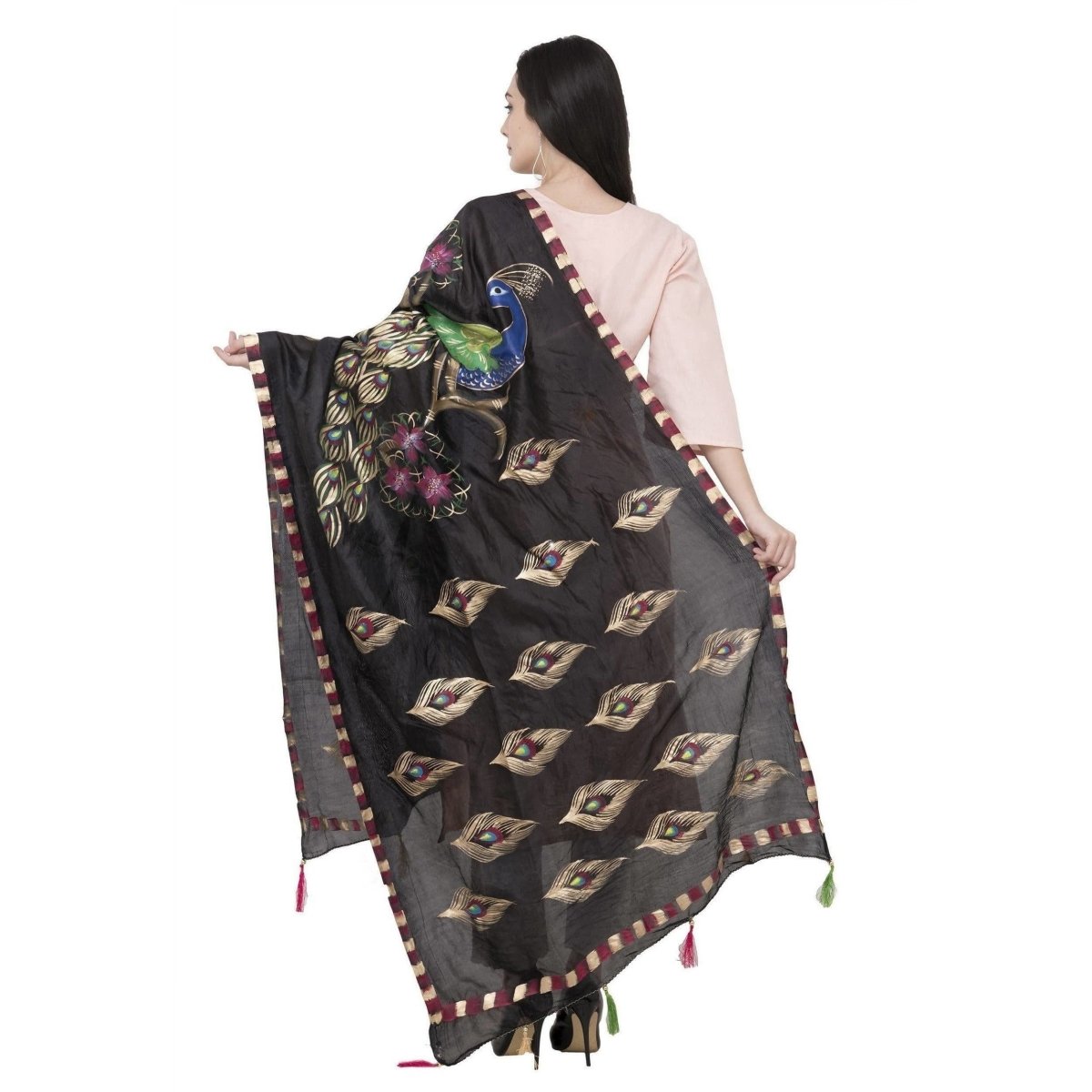 A R Silk Silk Peacock Multi Fancy Dupatta Color Black Dupatta or Chunni | Grocsy