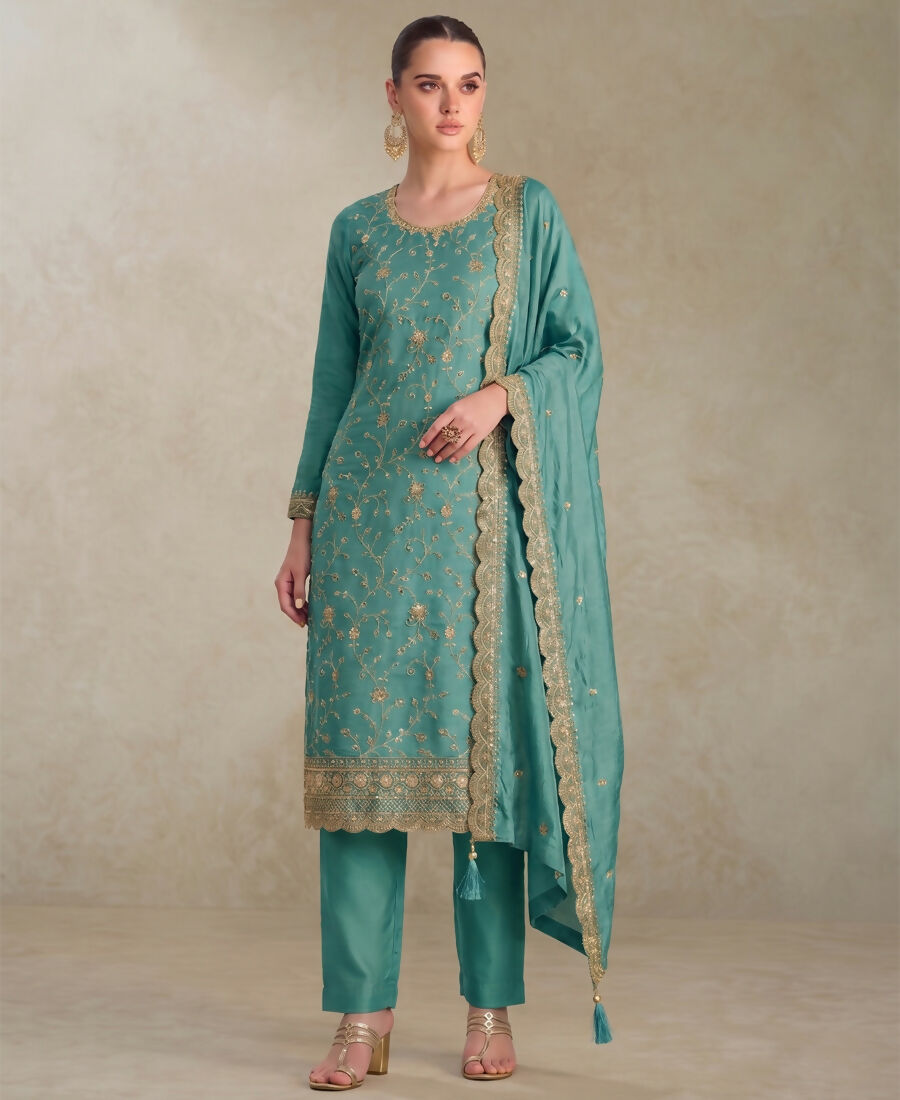 KC Sky Blue Silk Straight Suit For Women Heavy Embroidery Work | Grocsy
