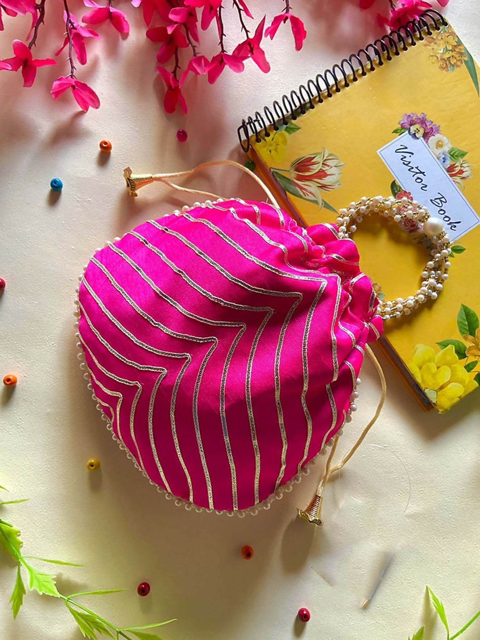 Joban Fashion Pearl Hand Work Potli Bag - Pink | Grocsy