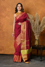 Very Much Indian Handloom Pure Cotton Linen Saree With Golden Border - Maroon | Grocsy