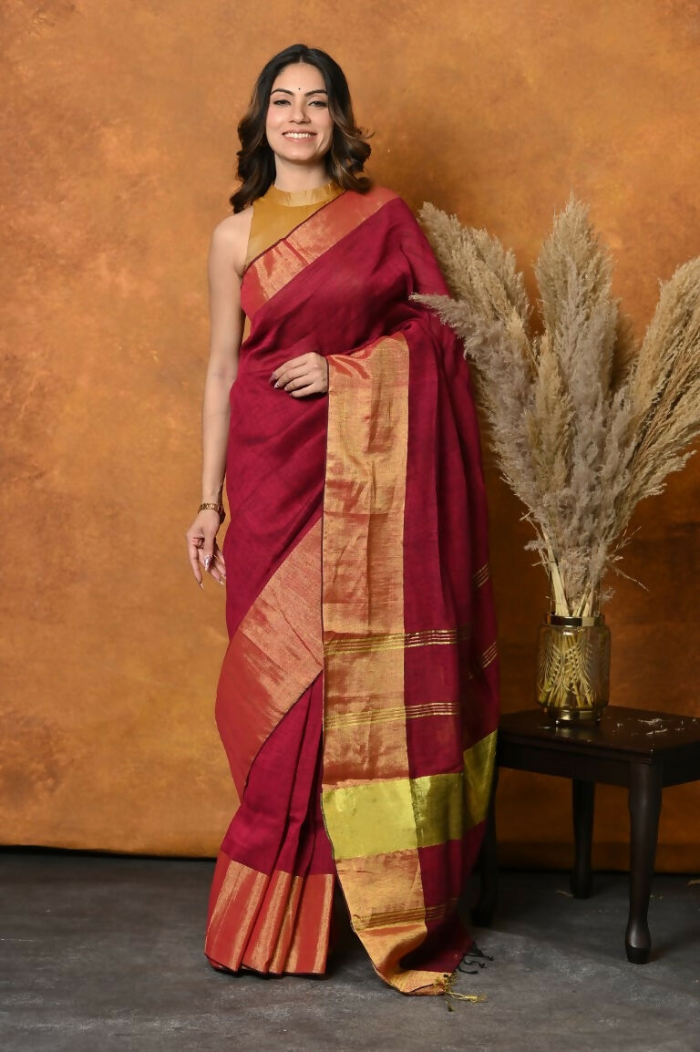 Very Much Indian Handloom Pure Cotton Linen Saree With Golden Border - Maroon | Grocsy