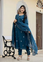 Kaajh Women's Navy Blue Mirror Embellished Cotton Suit Set | Grocsy