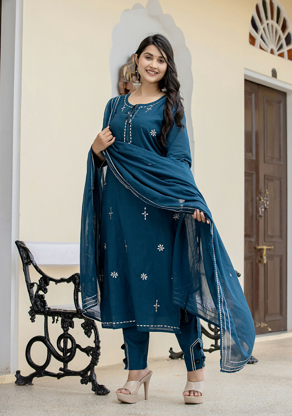 Kaajh Women's Navy Blue Mirror Embellished Cotton Suit Set | Grocsy