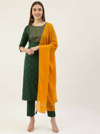 FIORRA Women's Green Poly Crepe Straight Kurta Pant With Dupatta | Grocsy