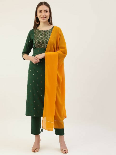 FIORRA Women's Green Poly Crepe Straight Kurta Pant With Dupatta | Grocsy