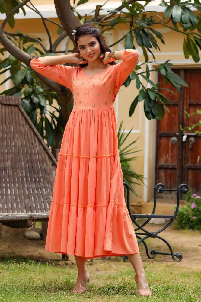 Yufta Peach Cotton Dobby Dress | Grocsy