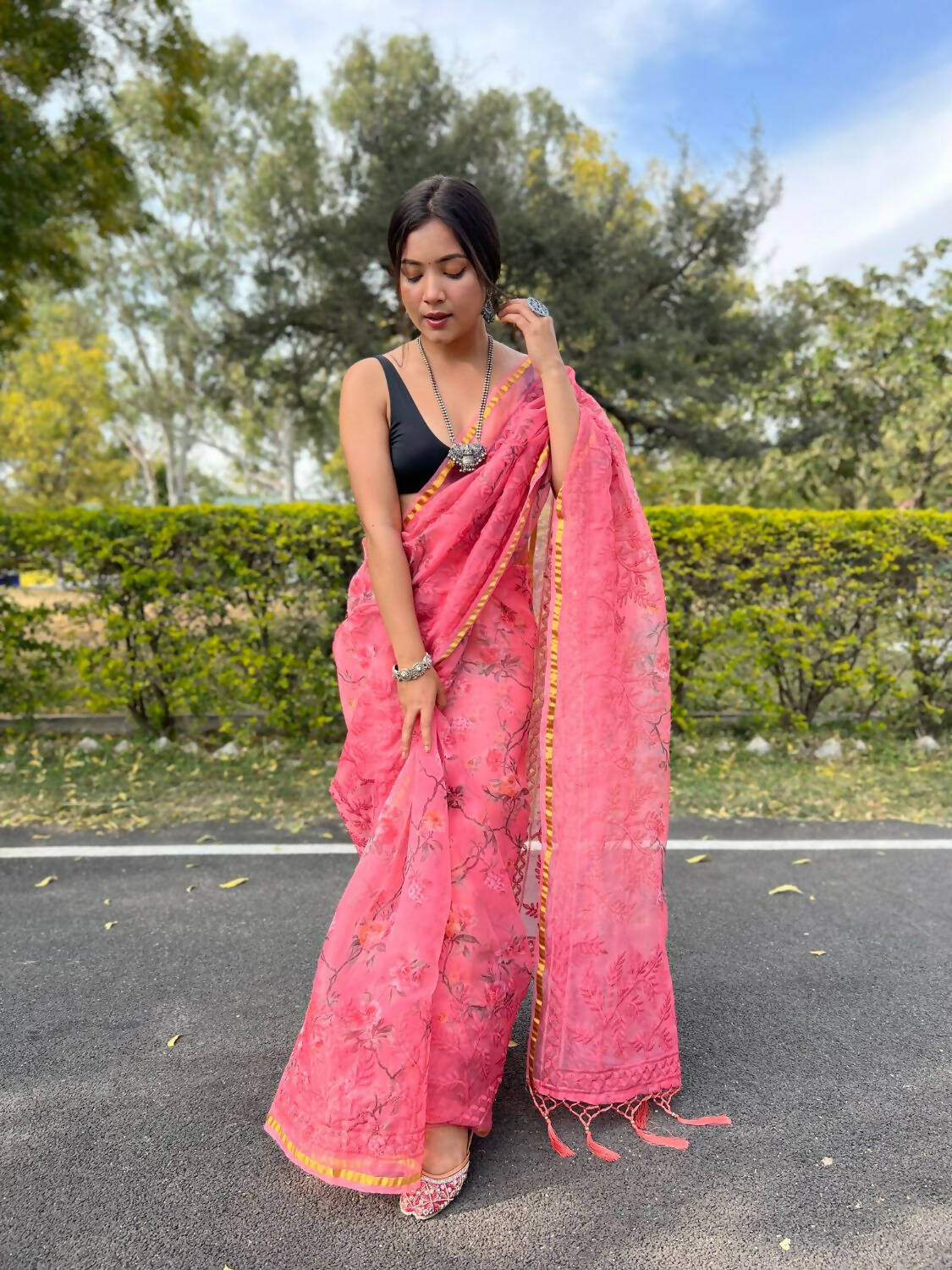 Vamsee Pink Organza Saree | Grocsy