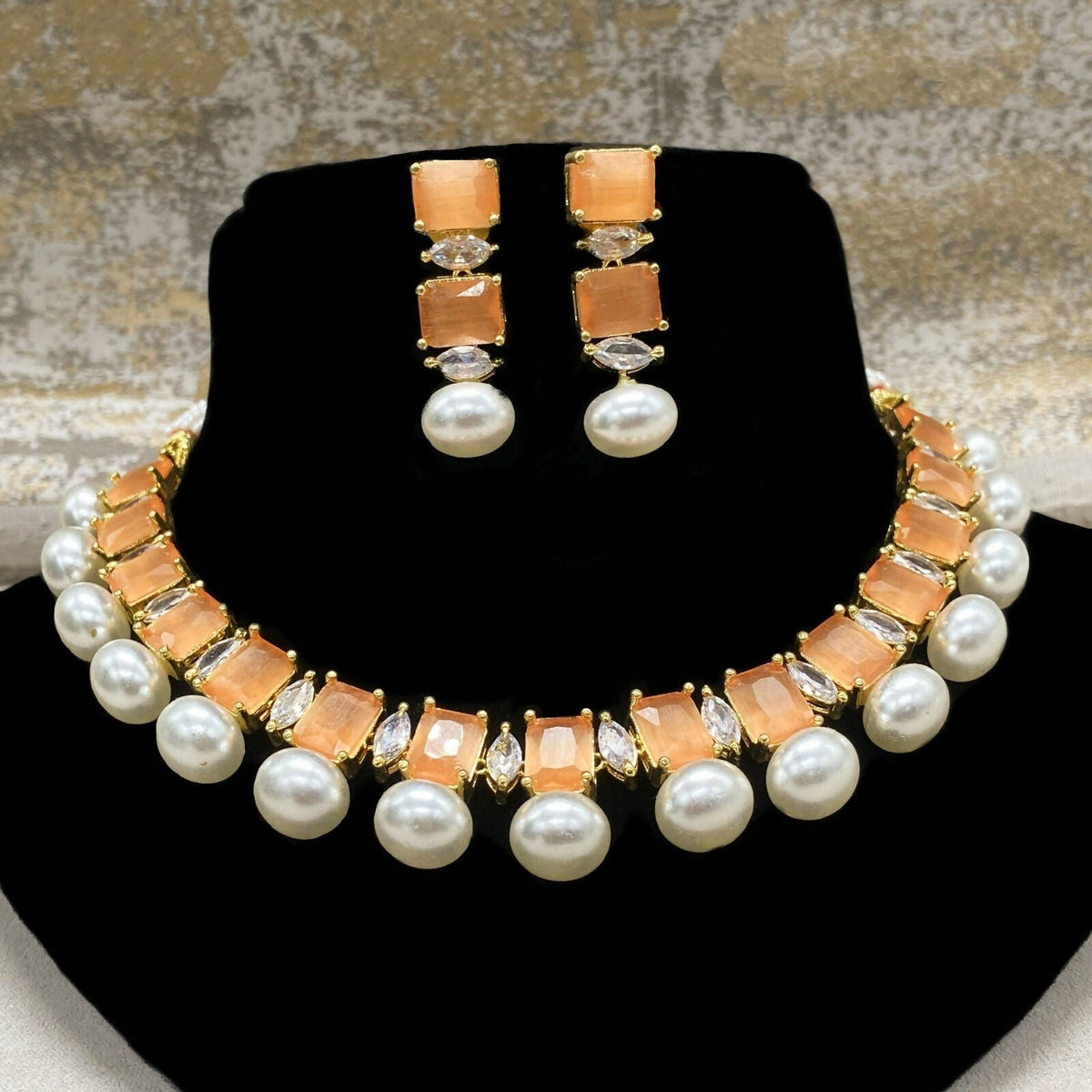 Orange Partywear American Diamond Necklace Set For Women By House of Ree - Swadesiicart