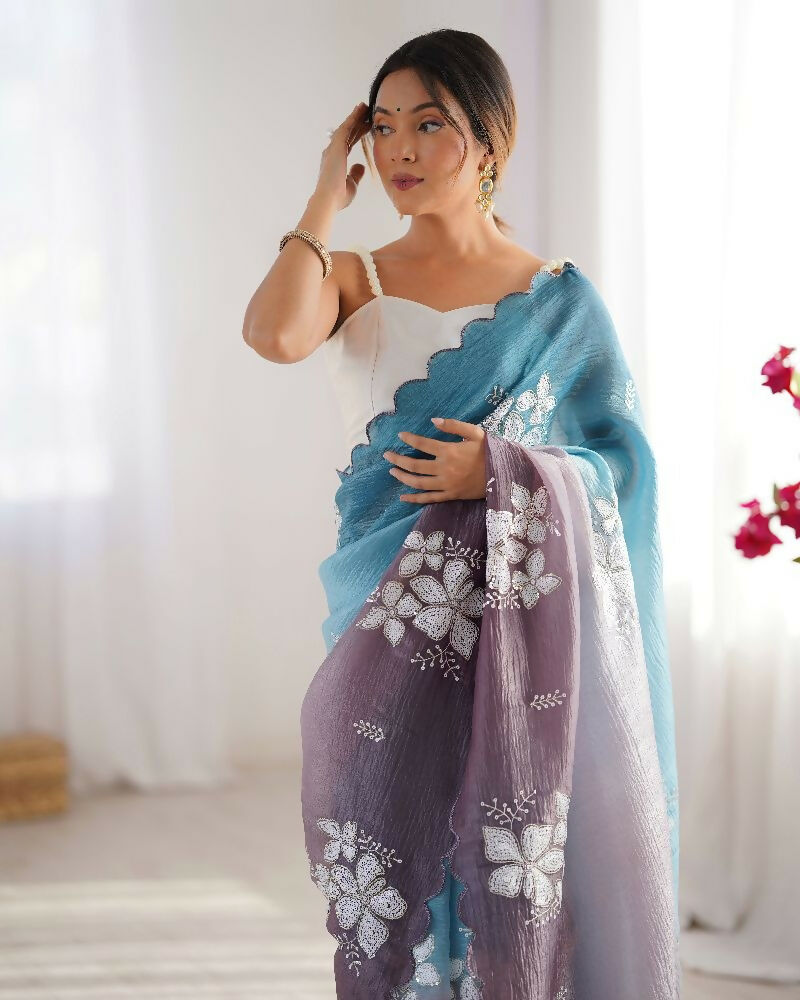 Sky Blue and Grey Crunchy Crush Pedding Color Embroidery Work Party Wear Saree - Zuleika | Grocsy