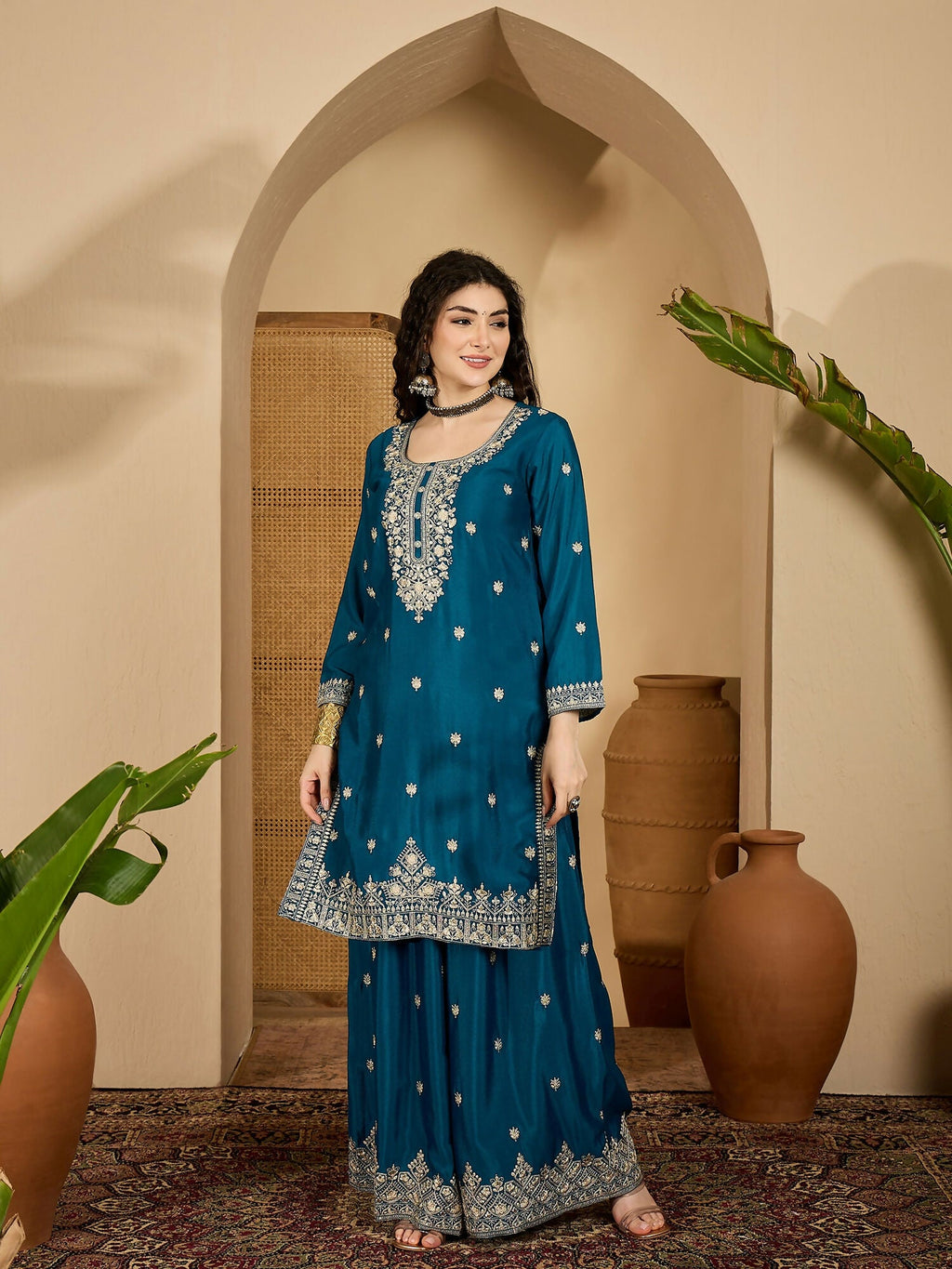 Joban Fashion Embroidery Teal Chinon Silk Kurta Set | Grocsy