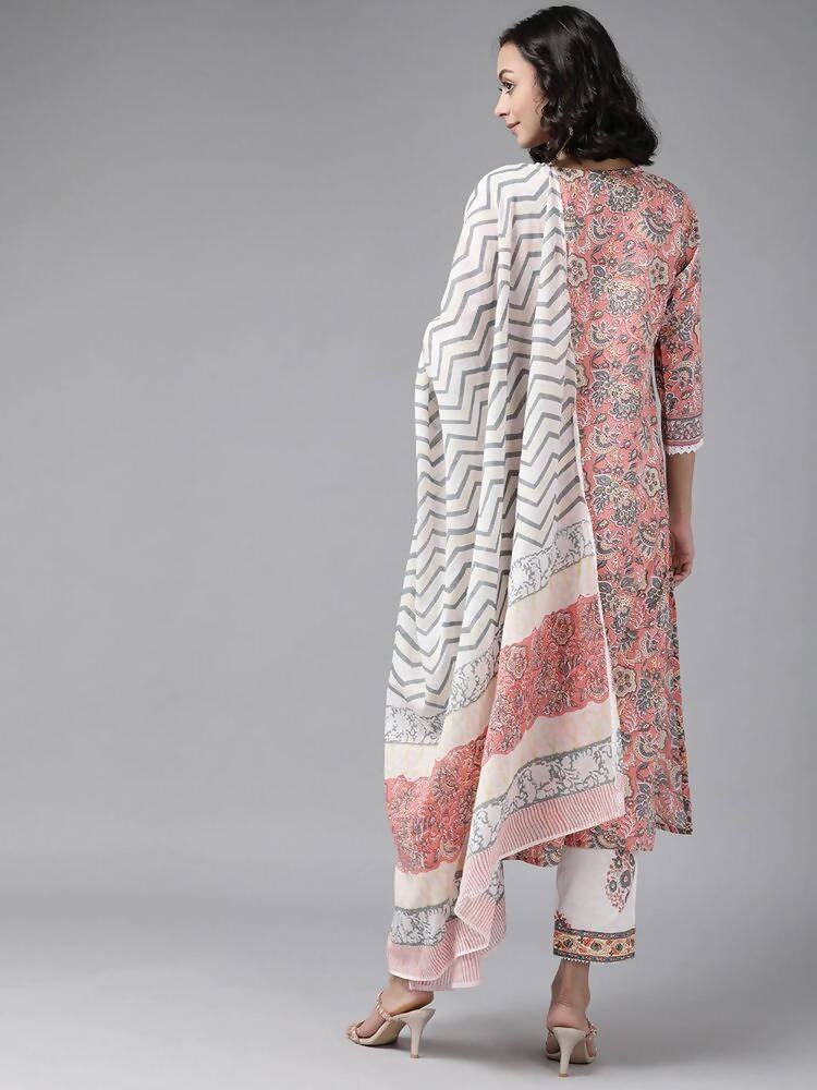 Yufta Peach Hand Block Printed Kurta with Trouser and Dupatta | Grocsy
