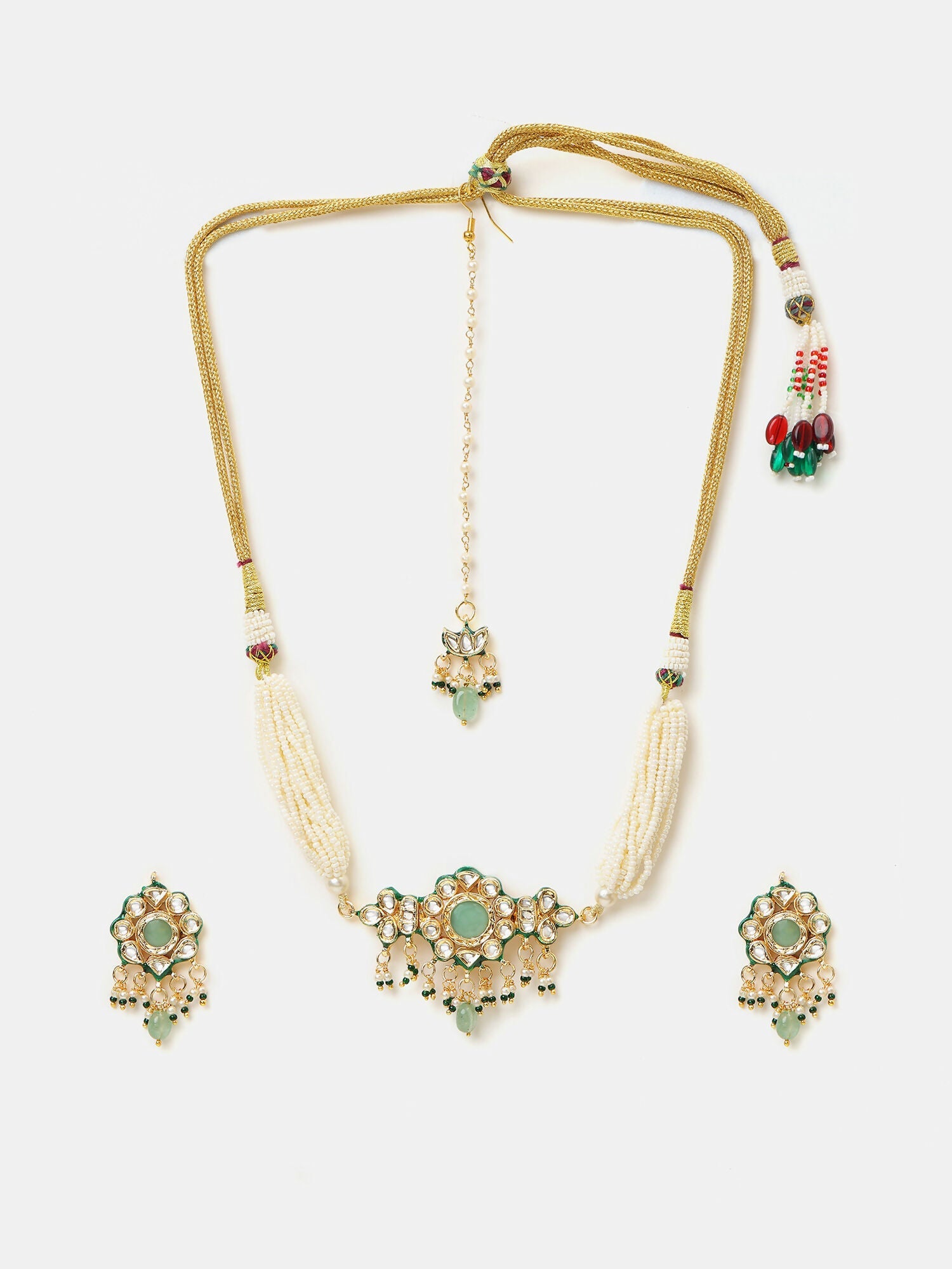 Ruby Raang Green-Gold Kundan Neck Piece With Matching Earrings And Maang Tikka | Grocsy