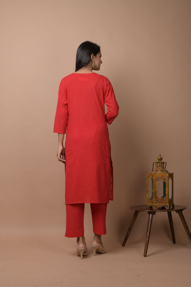 Kaajh Women's Red Solid Sequins Embellished Kurta Pant Set | Grocsy