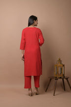 Kaajh Women's Red Solid Sequins Embellished Kurta Pant Set | Grocsy
