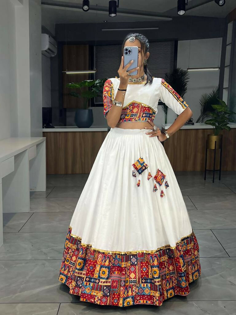 Yash Enterprise White Red Rayon Cotton Embroidery Semi Stitched Navratri Chaniya Choli | Grocsy