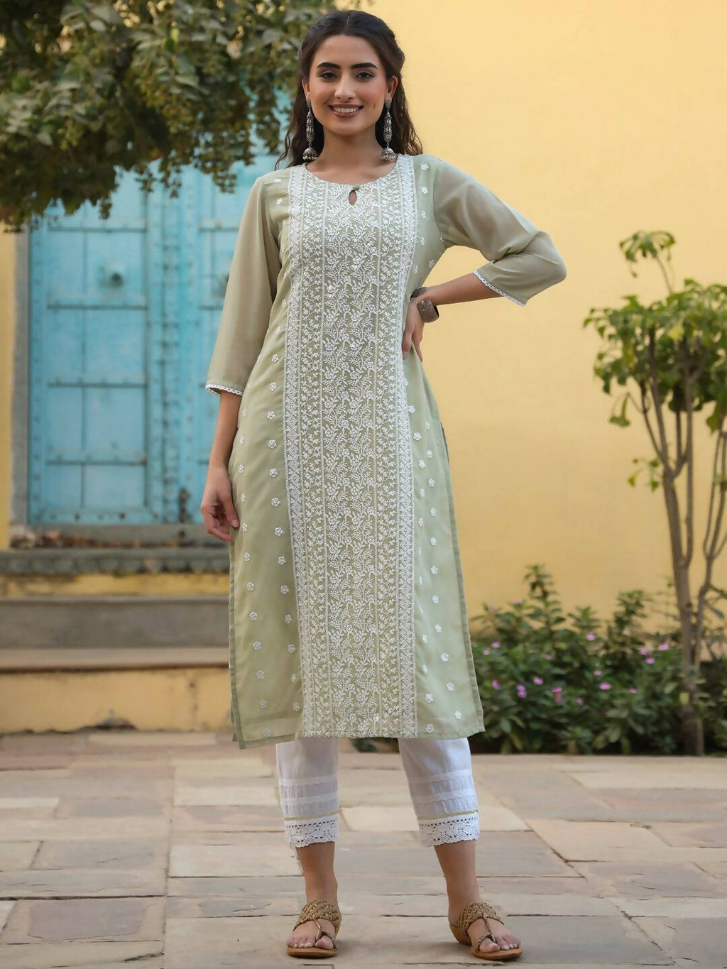 Juniper Women's Ltgreen Georgette Printed Kurta | Grocsy
